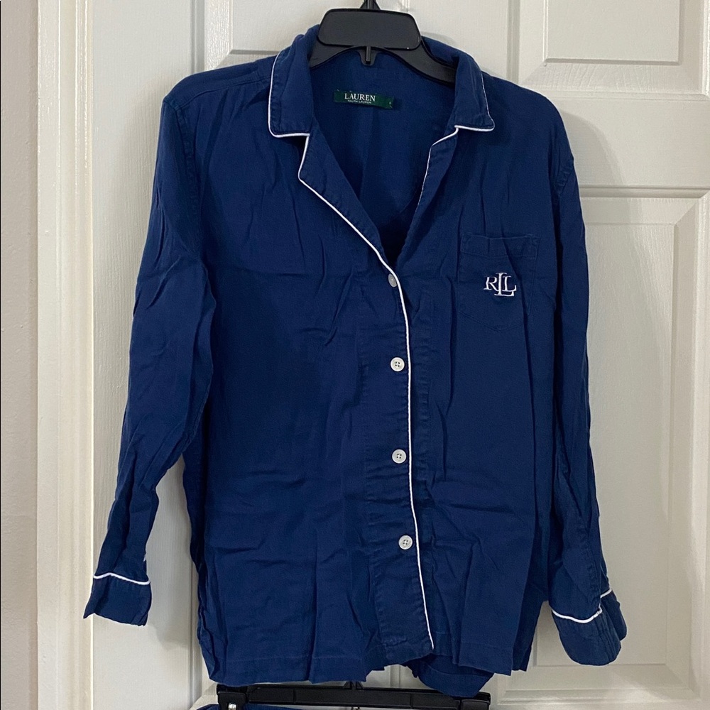 Lauren Ralph Lauren navy/white piping long sleeve notch collar button up pj set - Picture 3 of 10